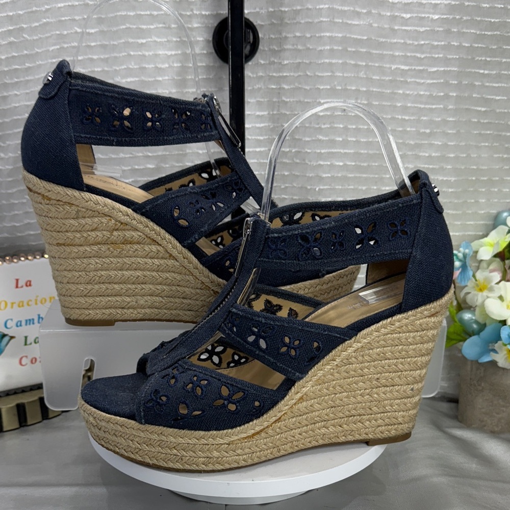 (S7) Michael Kors Damita Floral Embroidered Denim Wedge Sandals, Size 8 M